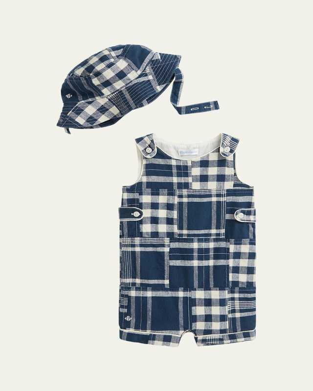 Boy's Patchwork-Print Overalls & Hat Set, Size 3M-12